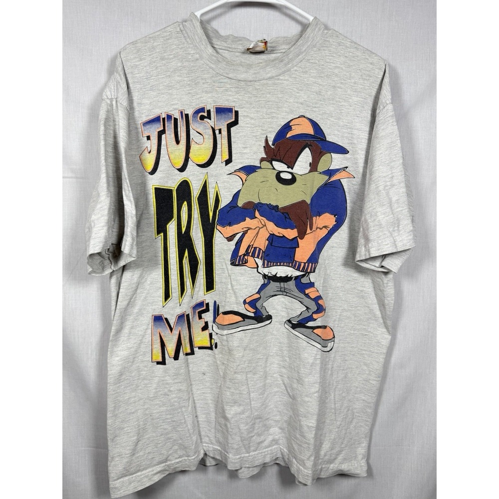 Vintage 1990s Looney‎ Tunes Just Try Me T-Shirt Taz Thrashed Distressed XL